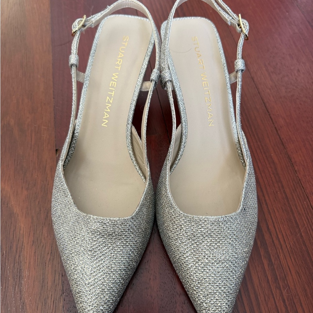 Stuart Weitzman Glittering Gold & Silver Pointed Kitten Heels